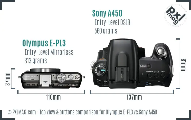 Olympus E-PL3 vs Sony A450 top view buttons comparison