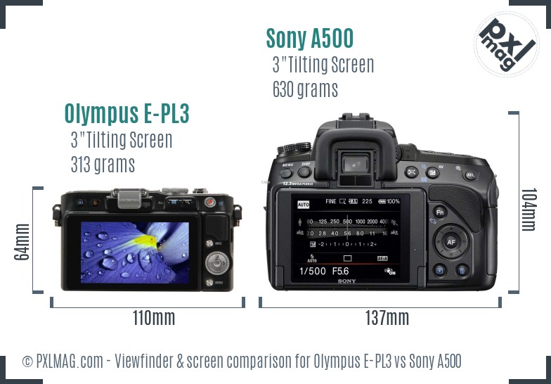 Olympus E-PL3 vs Sony A500 Screen and Viewfinder comparison