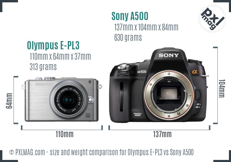 Olympus E-PL3 vs Sony A500 size comparison