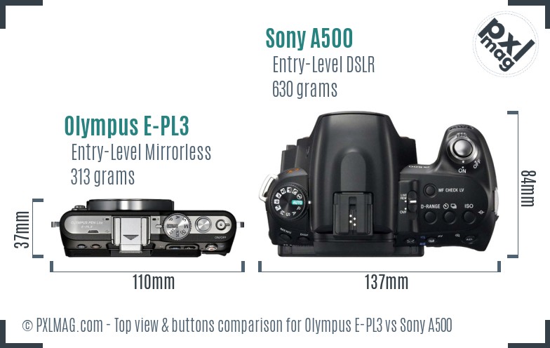 Olympus E-PL3 vs Sony A500 top view buttons comparison