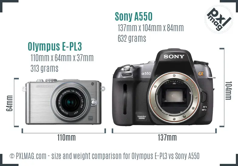 Olympus E-PL3 vs Sony A550 size comparison