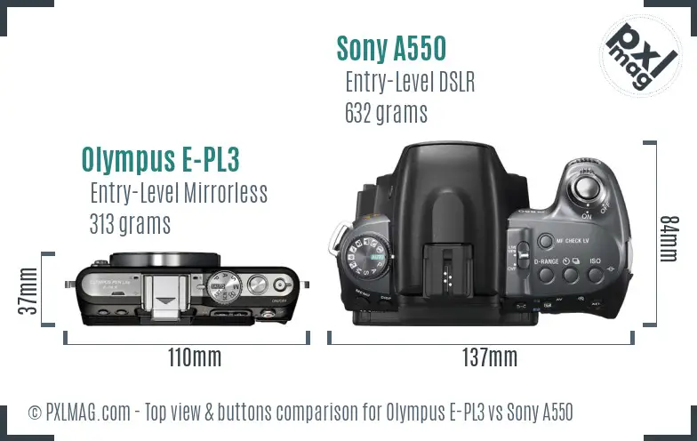 Olympus E-PL3 vs Sony A550 top view buttons comparison