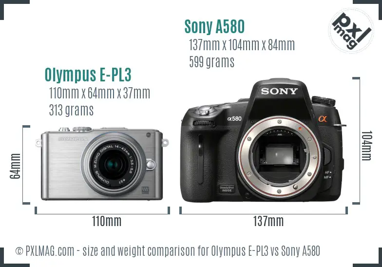 Olympus E-PL3 vs Sony A580 size comparison