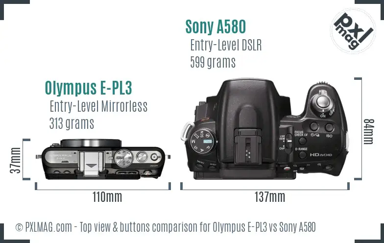 Olympus E-PL3 vs Sony A580 top view buttons comparison