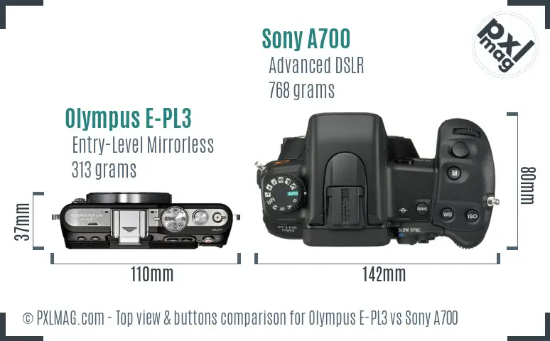 Olympus E-PL3 vs Sony A700 top view buttons comparison