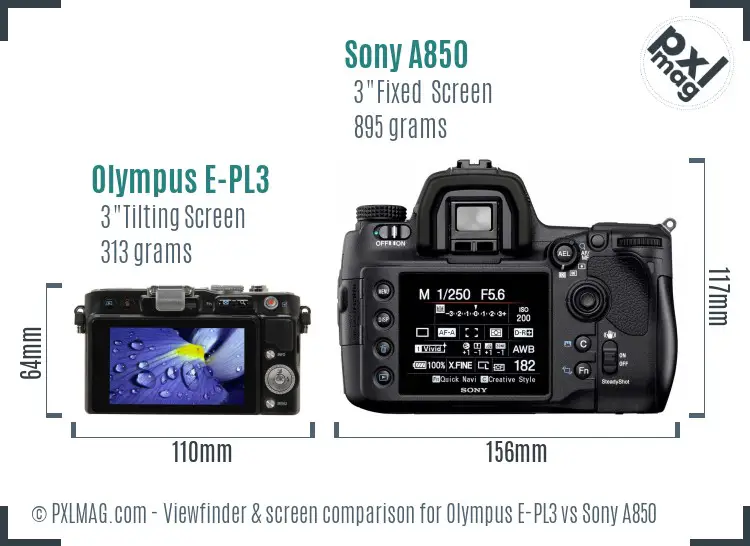 Olympus E-PL3 vs Sony A850 Screen and Viewfinder comparison