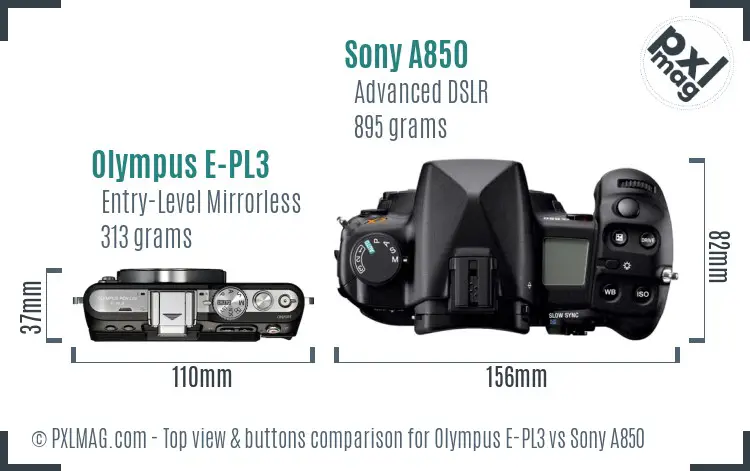 Olympus E-PL3 vs Sony A850 top view buttons comparison