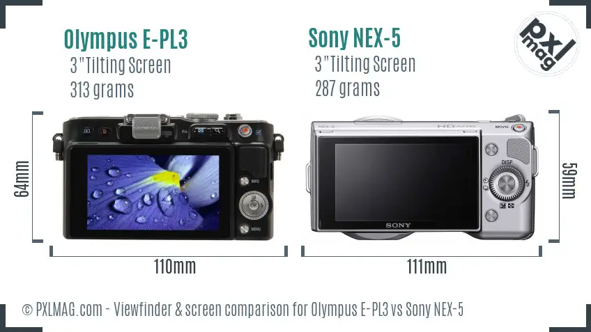Olympus E-PL3 vs Sony NEX-5 Screen and Viewfinder comparison