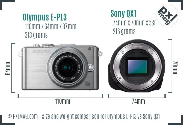 Olympus E-PL3 vs Sony QX1 size comparison