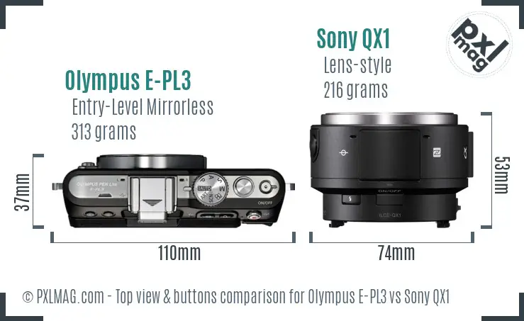 Olympus E-PL3 vs Sony QX1 top view buttons comparison