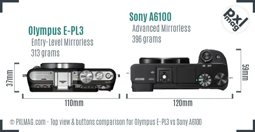 Olympus E-PL3 vs Sony A6100 top view buttons comparison