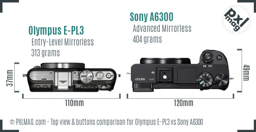 Olympus E-PL3 vs Sony A6300 top view buttons comparison