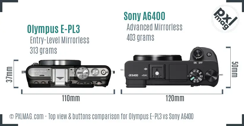Olympus E-PL3 vs Sony A6400 top view buttons comparison