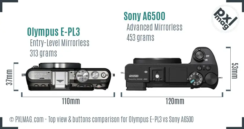 Olympus E-PL3 vs Sony A6500 top view buttons comparison