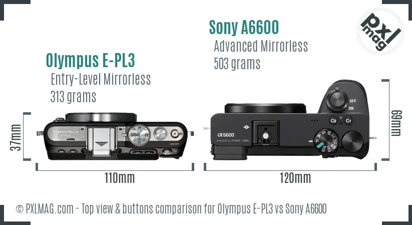 Olympus E-PL3 vs Sony A6600 top view buttons comparison
