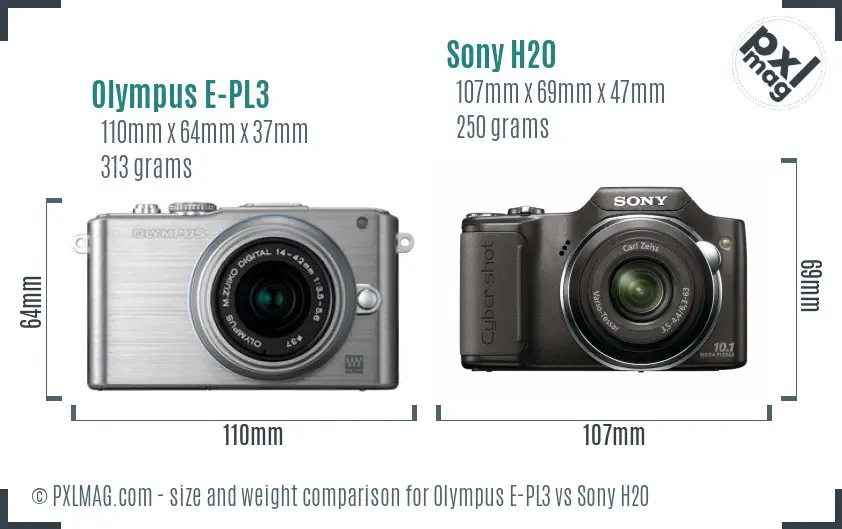 Olympus E-PL3 vs Sony H20 size comparison