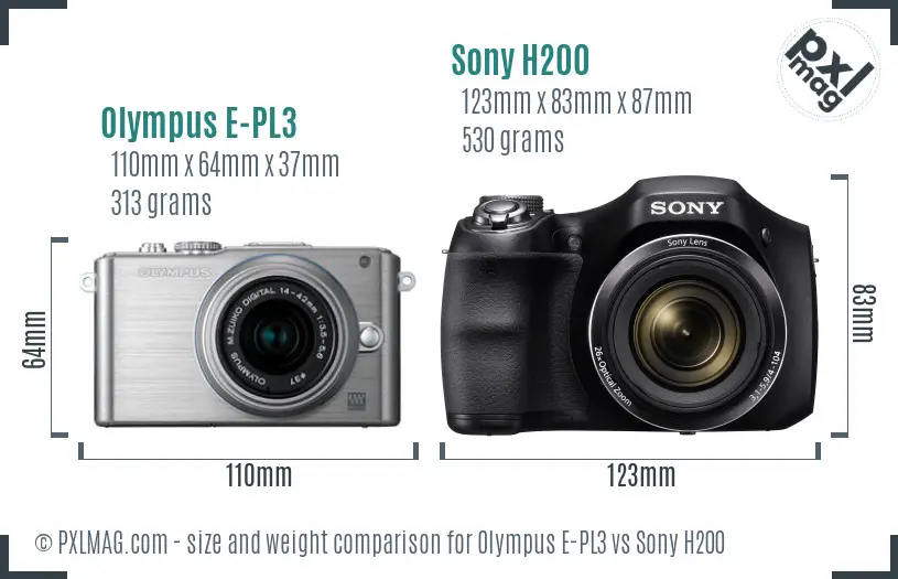 Olympus E-PL3 vs Sony H200 size comparison