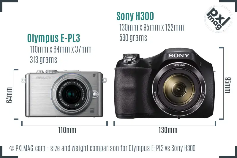 Olympus E-PL3 vs Sony H300 size comparison