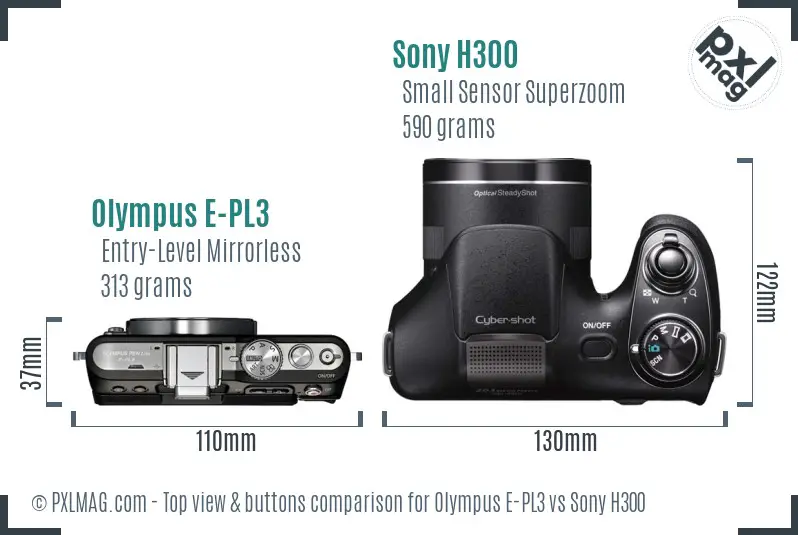 Olympus E-PL3 vs Sony H300 top view buttons comparison