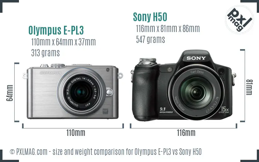 Olympus E-PL3 vs Sony H50 size comparison