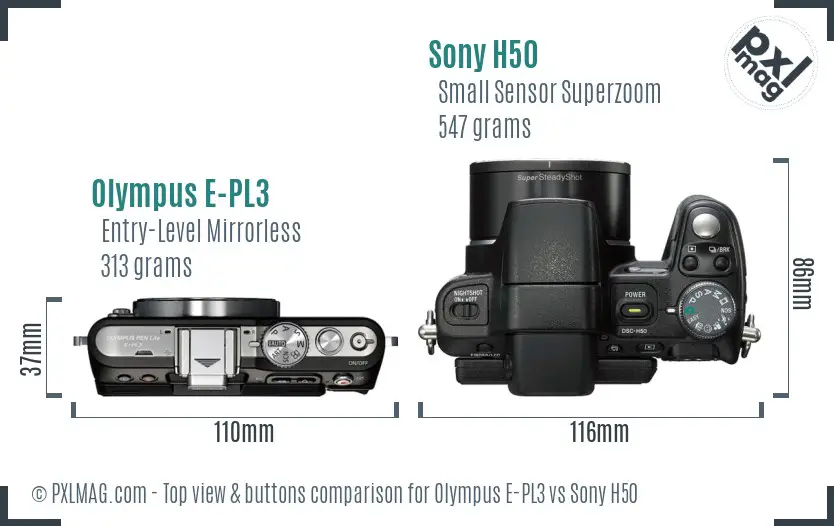 Olympus E-PL3 vs Sony H50 top view buttons comparison