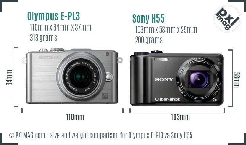 Olympus E-PL3 vs Sony H55 size comparison