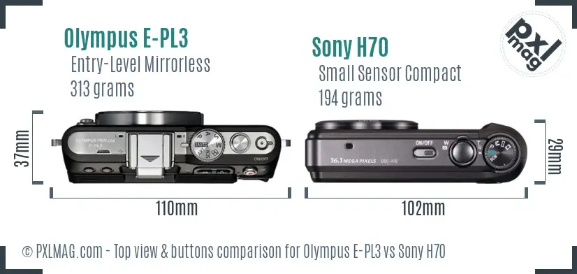 Olympus E-PL3 vs Sony H70 top view buttons comparison