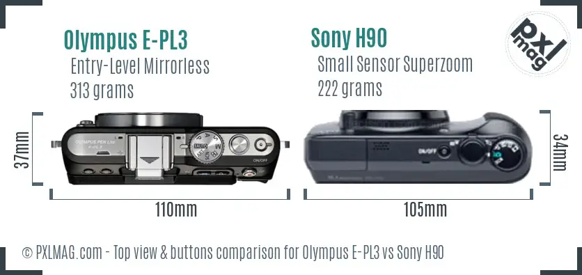 Olympus E-PL3 vs Sony H90 top view buttons comparison