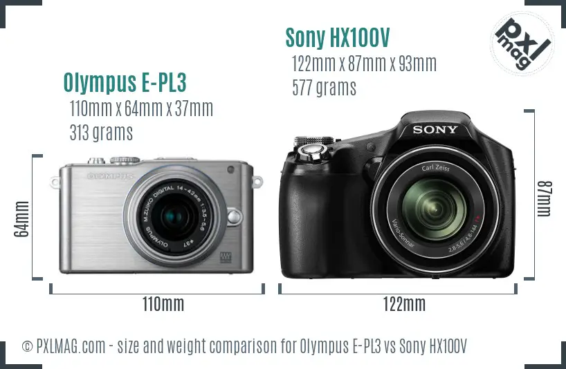 Olympus E-PL3 vs Sony HX100V size comparison
