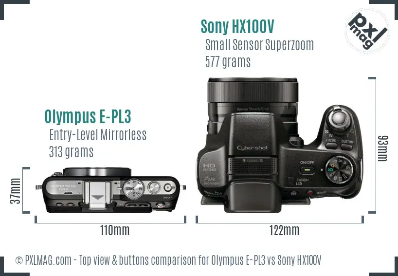 Olympus E-PL3 vs Sony HX100V top view buttons comparison