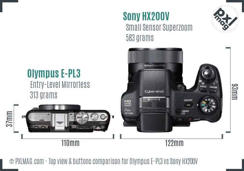 Olympus E-PL3 vs Sony HX200V top view buttons comparison