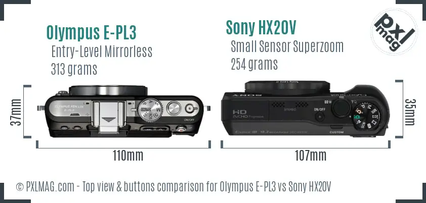 Olympus E-PL3 vs Sony HX20V top view buttons comparison