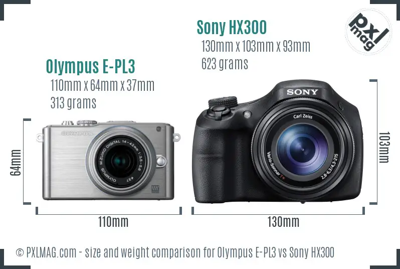Olympus E-PL3 vs Sony HX300 size comparison