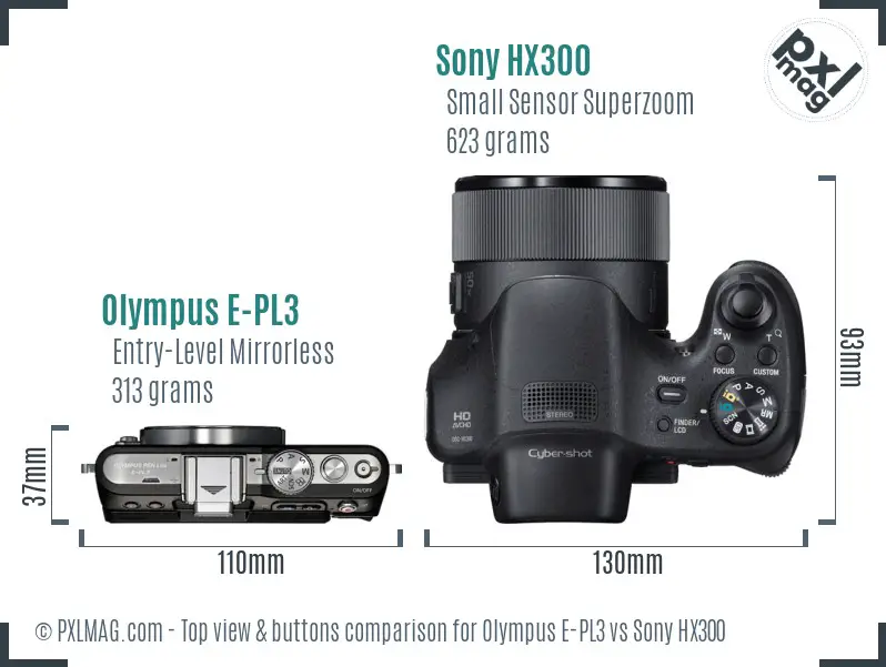 Olympus E-PL3 vs Sony HX300 top view buttons comparison