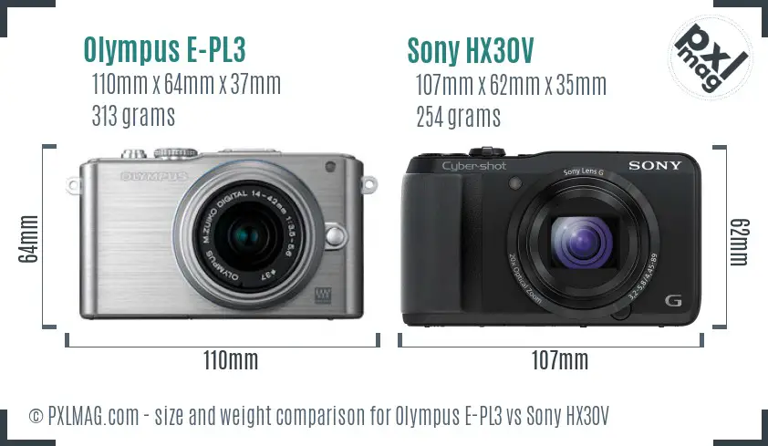 Olympus E-PL3 vs Sony HX30V size comparison