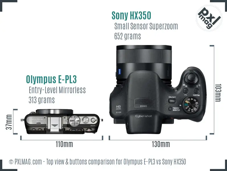 Olympus E-PL3 vs Sony HX350 top view buttons comparison