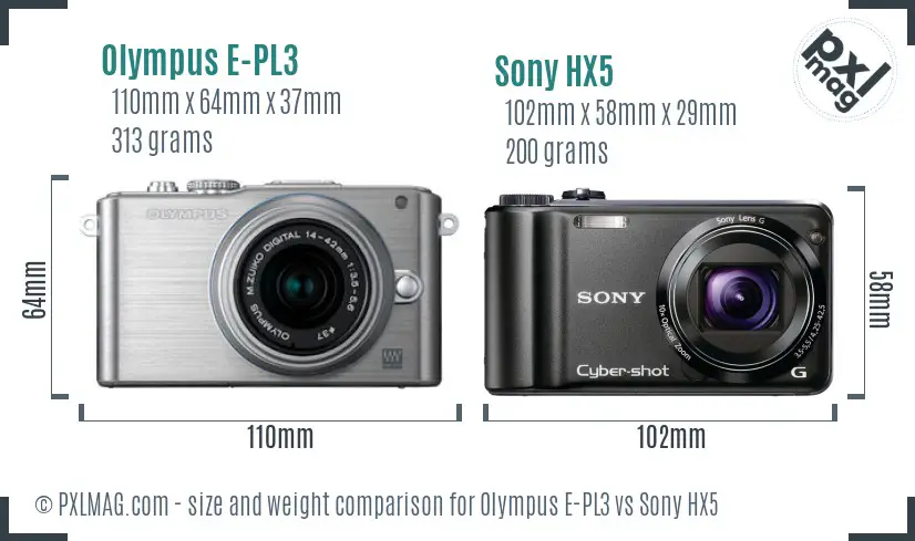 Olympus E-PL3 vs Sony HX5 size comparison