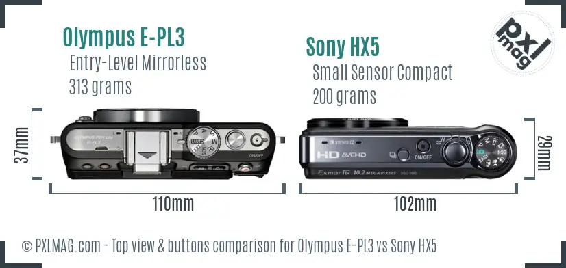 Olympus E-PL3 vs Sony HX5 top view buttons comparison