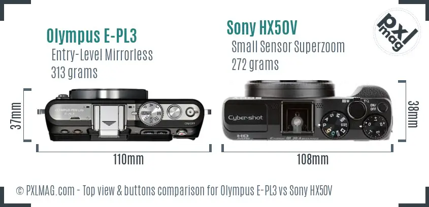 Olympus E-PL3 vs Sony HX50V top view buttons comparison