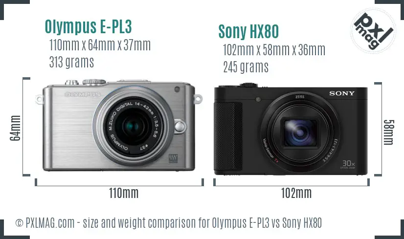 Olympus E-PL3 vs Sony HX80 size comparison