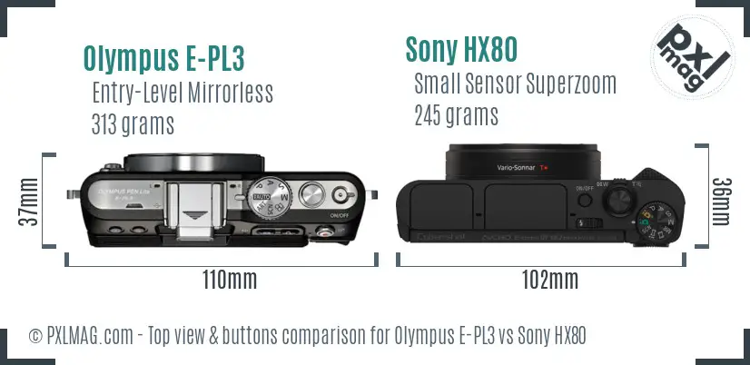 Olympus E-PL3 vs Sony HX80 top view buttons comparison