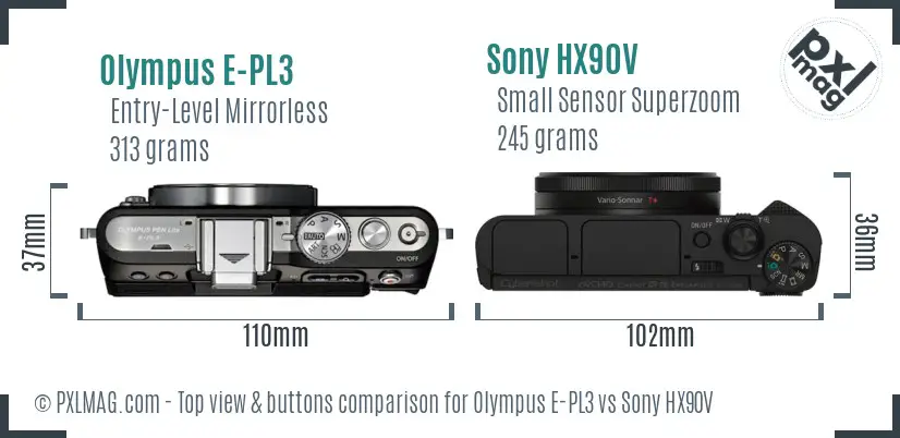 Olympus E-PL3 vs Sony HX90V top view buttons comparison