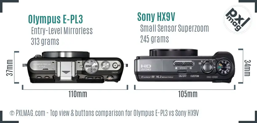 Olympus E-PL3 vs Sony HX9V top view buttons comparison