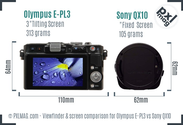 Olympus E-PL3 vs Sony QX10 Screen and Viewfinder comparison