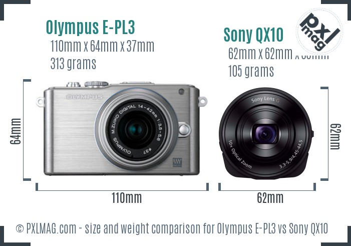 Olympus E-PL3 vs Sony QX10 size comparison