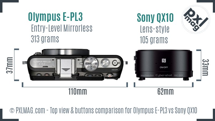 Olympus E-PL3 vs Sony QX10 top view buttons comparison