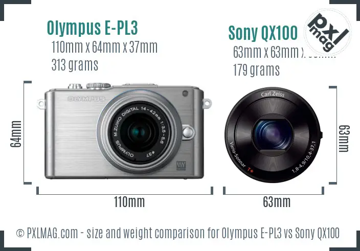 Olympus E-PL3 vs Sony QX100 size comparison Olympus E-PL3 vs Sony QX100 size comparison