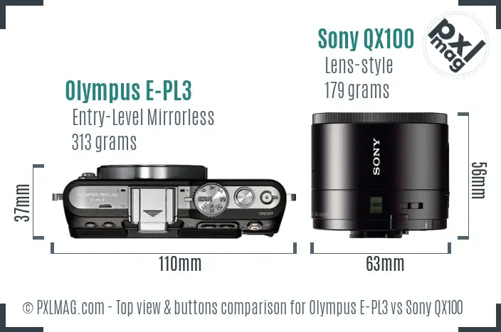 Olympus E-PL3 vs Sony QX100 top view buttons comparison Olympus E-PL3 vs Sony QX100 top view buttons comparison