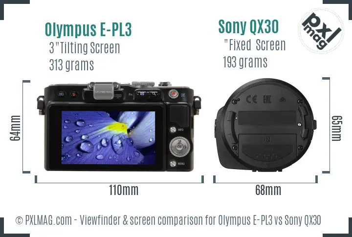 Olympus E-PL3 vs Sony QX30 Screen and Viewfinder comparison
