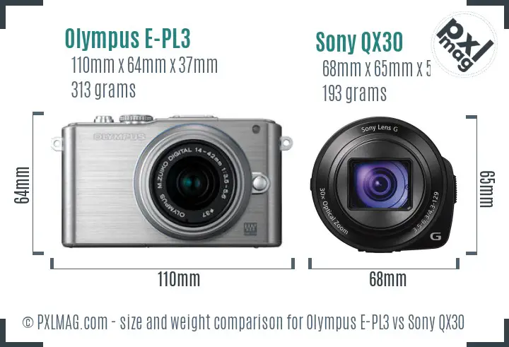 Olympus E-PL3 vs Sony QX30 size comparison